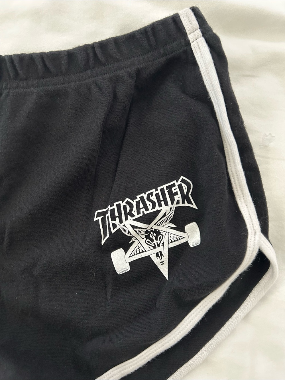 Thrasher Black Women's Athletic Shorts with White Piping and Logo - Picture 2 of 5